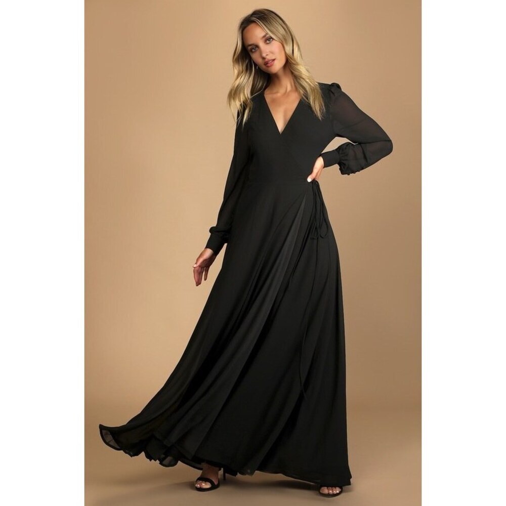 Lulus My Whole Heart Black Long Sleeve Wrap Dress - Size S